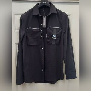 MANIERE DE VOIR MEN'S BLACK  NYLON-ELASTANE ROLLUP LONG SLEEVE SHIRT SIZE M NWT
